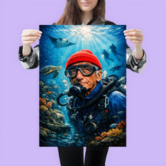 Jacques Cousteau in red cap underwater poster 3