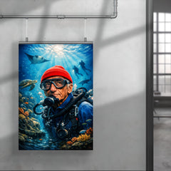 Jacques Cousteau in red cap underwater poster 4