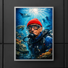Jacques Cousteau in red cap underwater poster 5