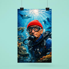 Jacques Cousteau in red cap underwater poster 6