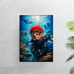 Jacques Cousteau in red cap underwater poster 7