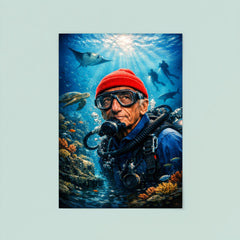 Jacques Cousteau in red cap underwater poster 8