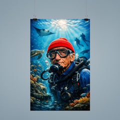 Jacques Cousteau in red cap underwater poster 9