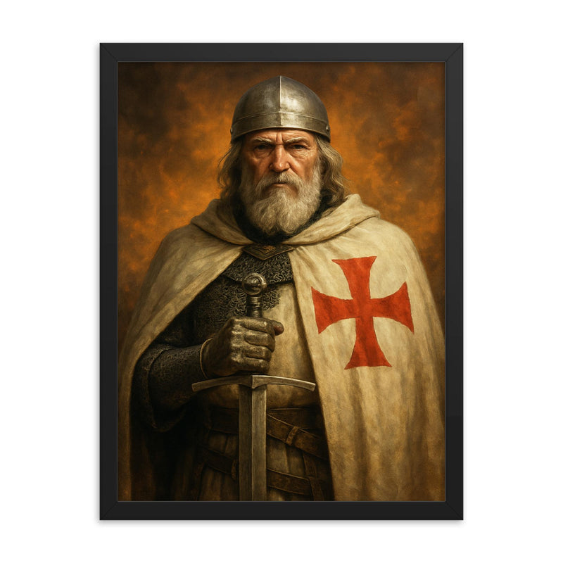 Jacques de Molay framed print on a plain backdrop in size 18