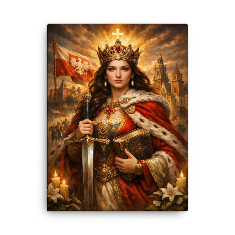 Jadwiga of Poland with sword and book canvas print on a plain backdrop in size 18