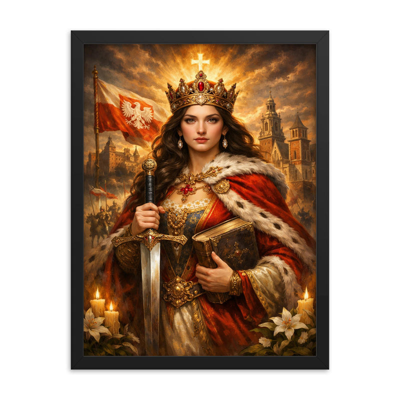 Jadwiga of Poland with sword and book framed print on a plain backdrop in size 18