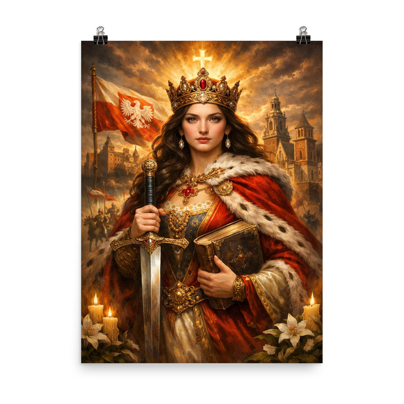 Jadwiga of Poland with sword and book poster on a plain backdrop in size 8