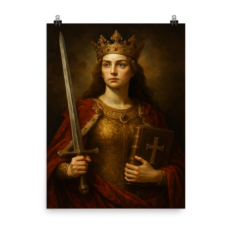 Jadwiga of Poland with sword and gospel poster on a plain backdrop in size 8