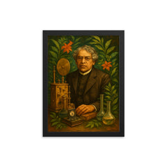 Jagadish Chandra Bose among instruments and plants framed print on a plain backdrop in size 12"x16".