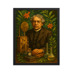 Jagadish Chandra Bose among instruments and plants framed print on a plain backdrop in size 16"x20".