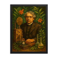 Jagadish Chandra Bose among instruments and plants framed print on a plain backdrop in size 18"x24".