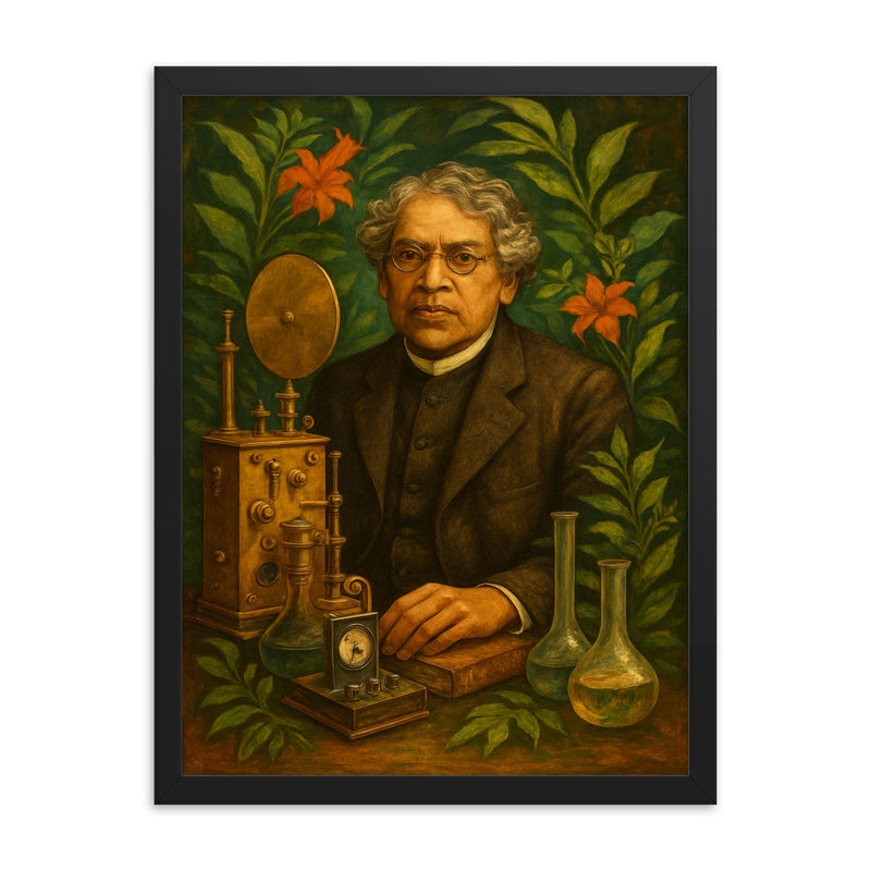 Jagadish Chandra Bose among instruments and plants framed print on a plain backdrop in size 18