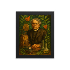 Jagadish Chandra Bose among instruments and plants framed print on a plain backdrop in size 8"x10".