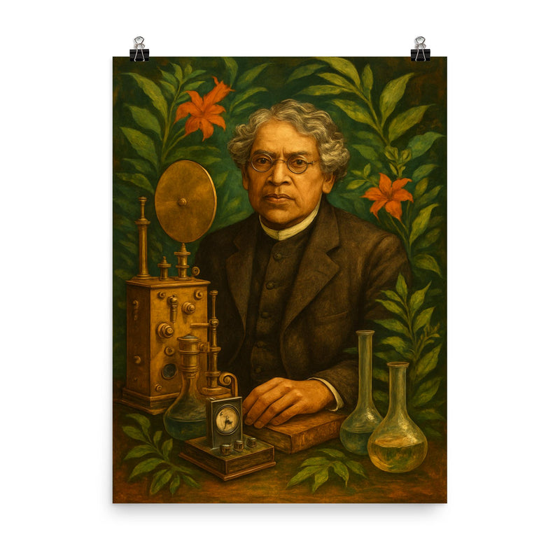 Jagadish Chandra Bose among instruments and plants poster on a plain backdrop in size 8
