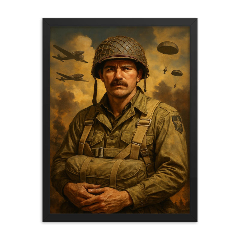 Jake McNiece framed print on a plain backdrop in size 18