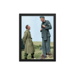 Jakob Nacken (221 cm) Chatting with British Corporal Bob Roberts (160 cm) framed print on a plain backdrop in size 12"x16".