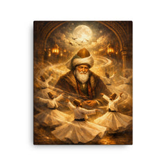 Jalal ad Din Rumi with circling dervishes canvas print on a plain backdrop in size 16"x20".