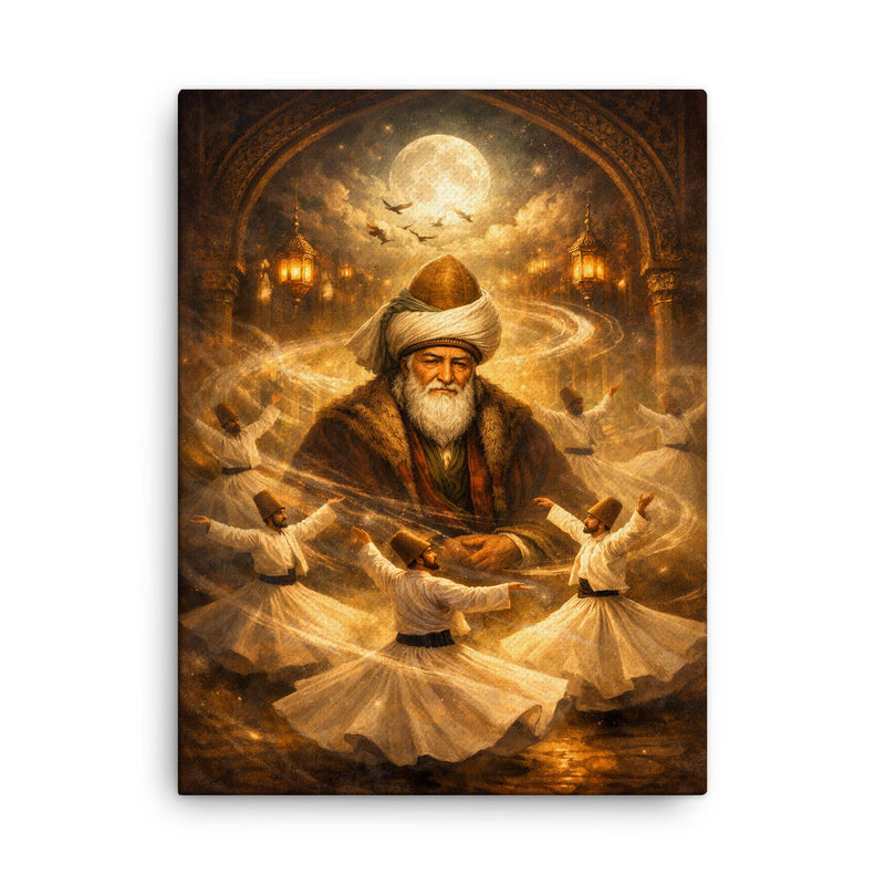 Jalal ad Din Rumi with circling dervishes canvas print on a plain backdrop in size 18