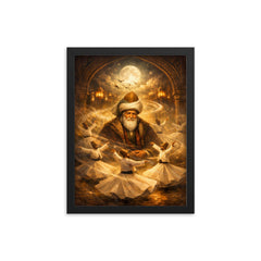 Jalal ad Din Rumi with circling dervishes framed print on a plain backdrop in size 12"x16".