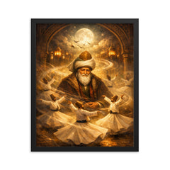 Jalal ad Din Rumi with circling dervishes framed print on a plain backdrop in size 16"x20".