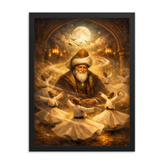 Jalal ad Din Rumi with circling dervishes framed print on a plain backdrop in size 18"x24".