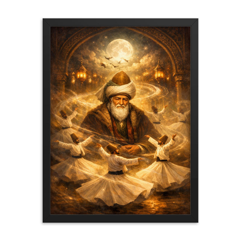 Jalal ad Din Rumi with circling dervishes framed print on a plain backdrop in size 18
