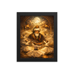 Jalal ad Din Rumi with circling dervishes framed print on a plain backdrop in size 8"x10".