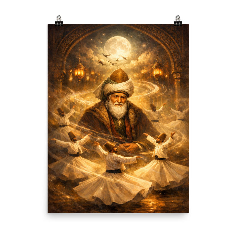 Jalal ad Din Rumi with circling dervishes poster on a plain backdrop in size 8