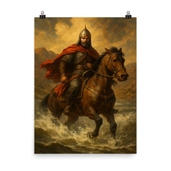 Jalal al Din Khwarazmshah crossing the Indus on horseback poster on a plain backdrop in size 8"x10".