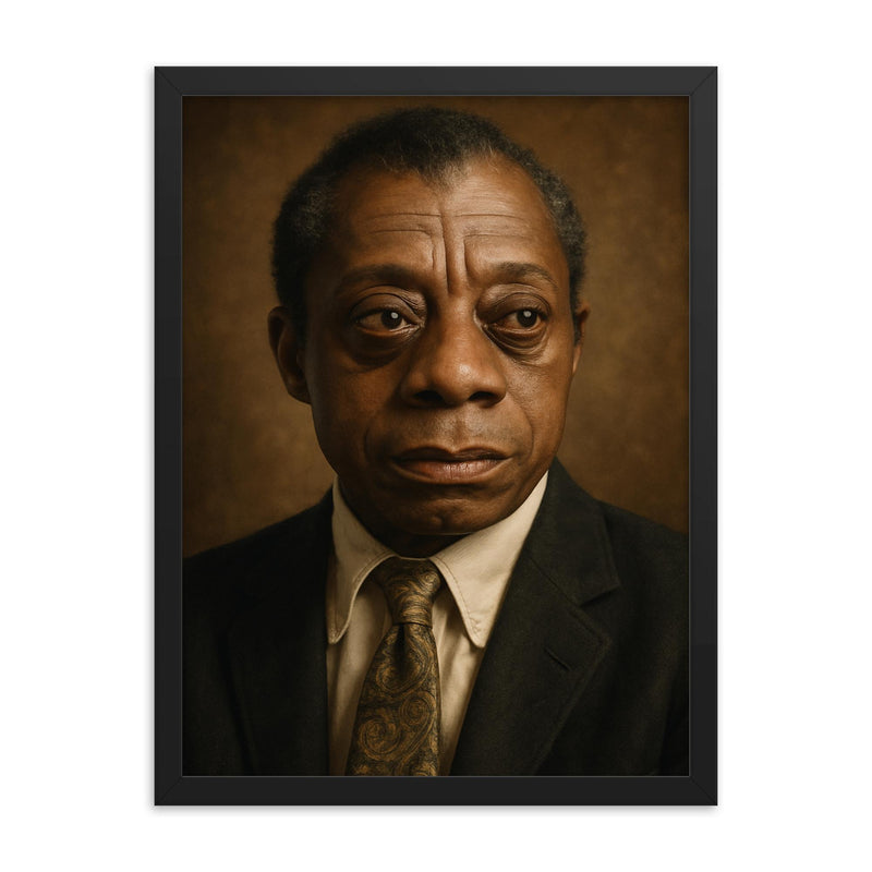 James Baldwin portrait framed print on a plain backdrop in size 18