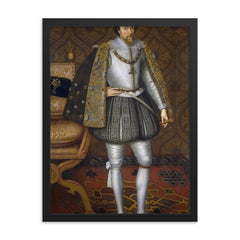 James I of England framed print on a plain backdrop in size 18"x24".