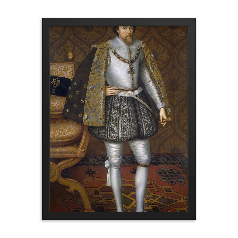 James I of England framed print on a plain backdrop in size 18