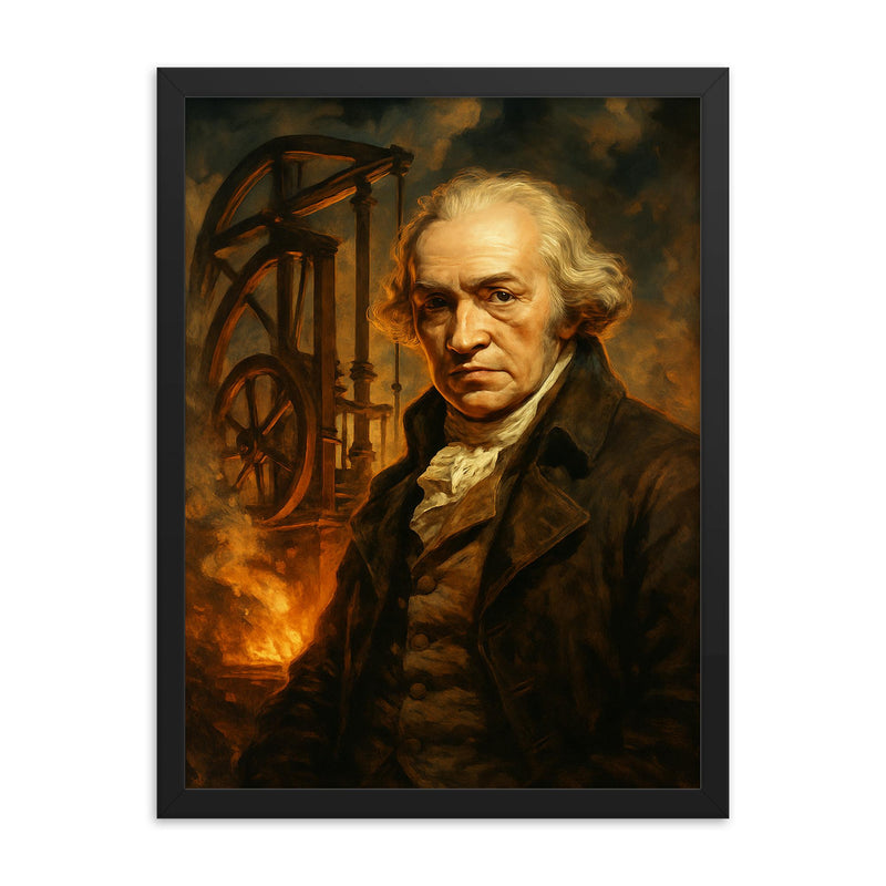 James Watt framed print on a plain backdrop in size 18