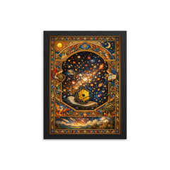 James Webb deep field as illuminated manuscript framed print on a plain backdrop in size 12"x16".