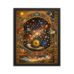 James Webb deep field as illuminated manuscript framed print on a plain backdrop in size 16"x20".
