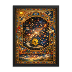 James Webb deep field as illuminated manuscript framed print on a plain backdrop in size 18"x24".