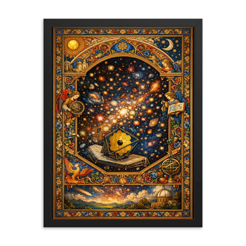 James Webb deep field as illuminated manuscript framed print on a plain backdrop in size 18