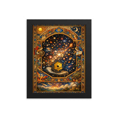 James Webb deep field as illuminated manuscript framed print on a plain backdrop in size 8"x10".