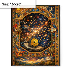 James Webb deep field as illuminated manuscript metal print on a plain backdrop in size 16"x20".