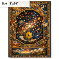 James Webb deep field as illuminated manuscript metal print on a plain backdrop in size 18"x24".