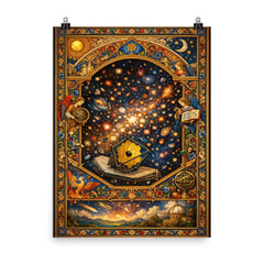 James Webb deep field as illuminated manuscript poster on a plain backdrop in size 8"x10".