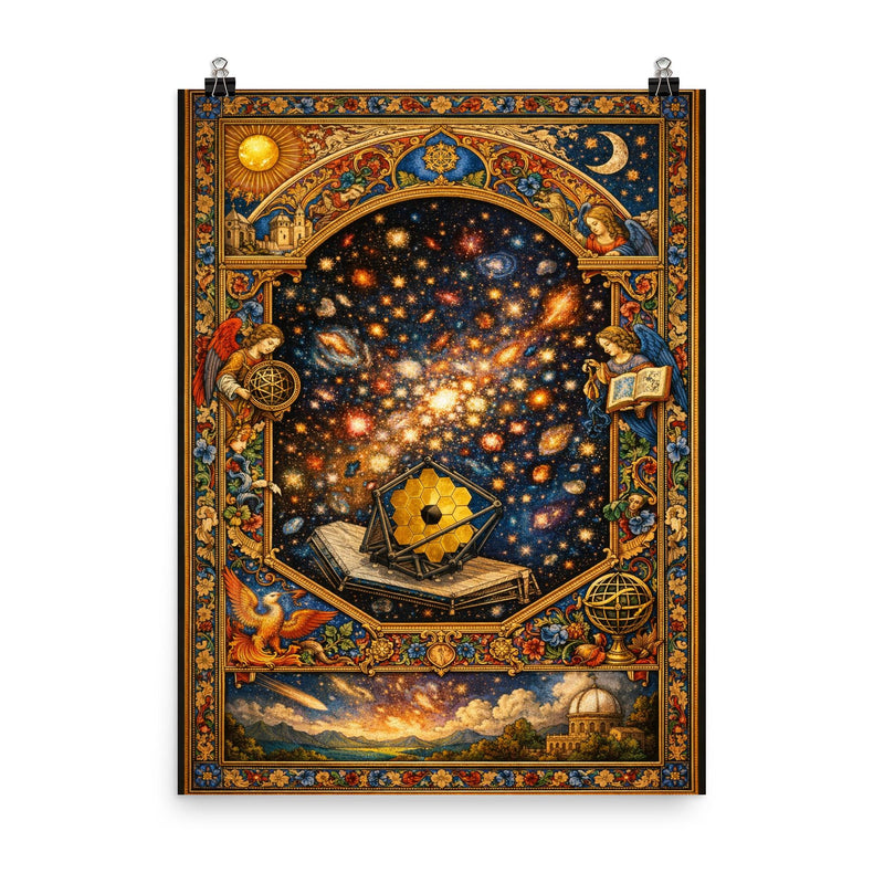 James Webb deep field as illuminated manuscript poster on a plain backdrop in size 8
