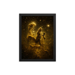 James Webb Pillars of Creation in gold framed print on a plain backdrop in size 12"x16".