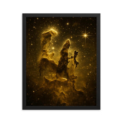 James Webb Pillars of Creation in gold framed print on a plain backdrop in size 16"x20".