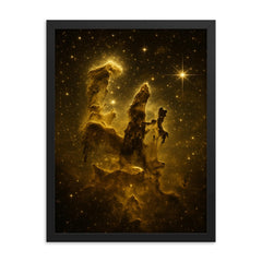 James Webb Pillars of Creation in gold framed print on a plain backdrop in size 18"x24".