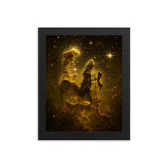 James Webb Pillars of Creation in gold framed print on a plain backdrop in size 8"x10".