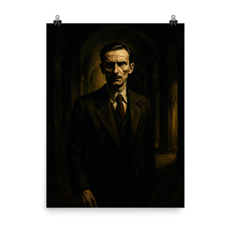 Jan Karski bearing witness in shadowed corridors poster on a plain backdrop in size 8