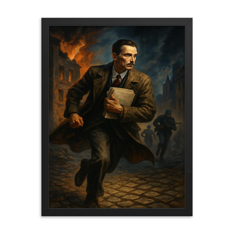 Jan Karski carrying reports through occupied Europe framed print on a plain backdrop in size 18
