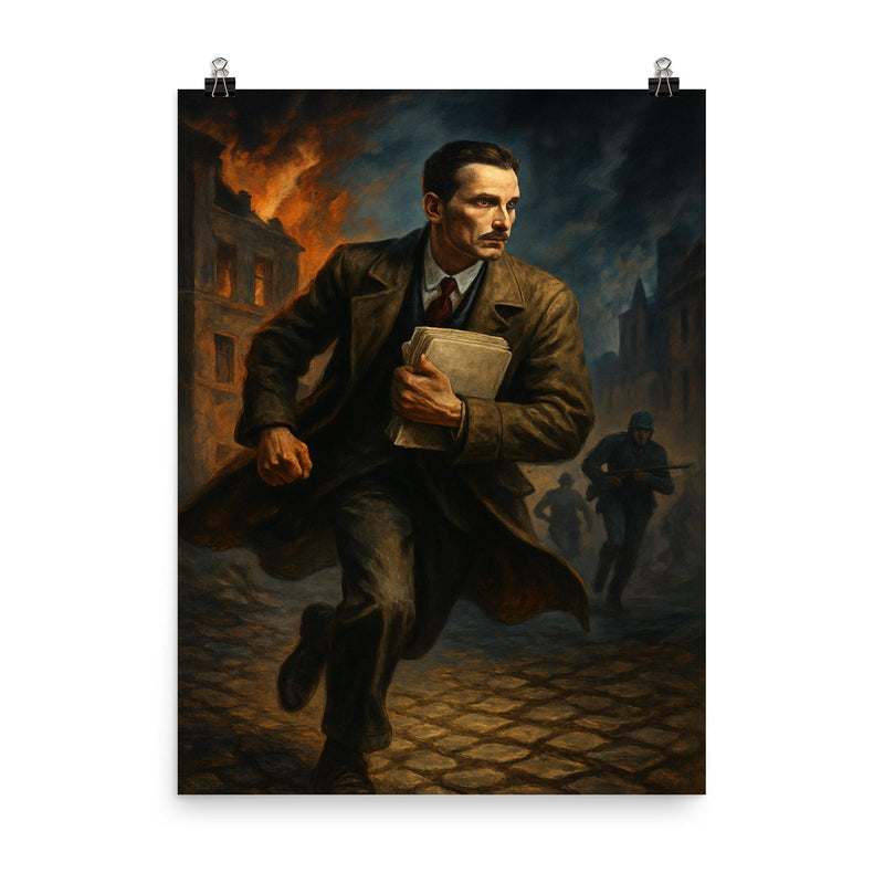 Jan Karski carrying reports through occupied Europe poster on a plain backdrop in size 8