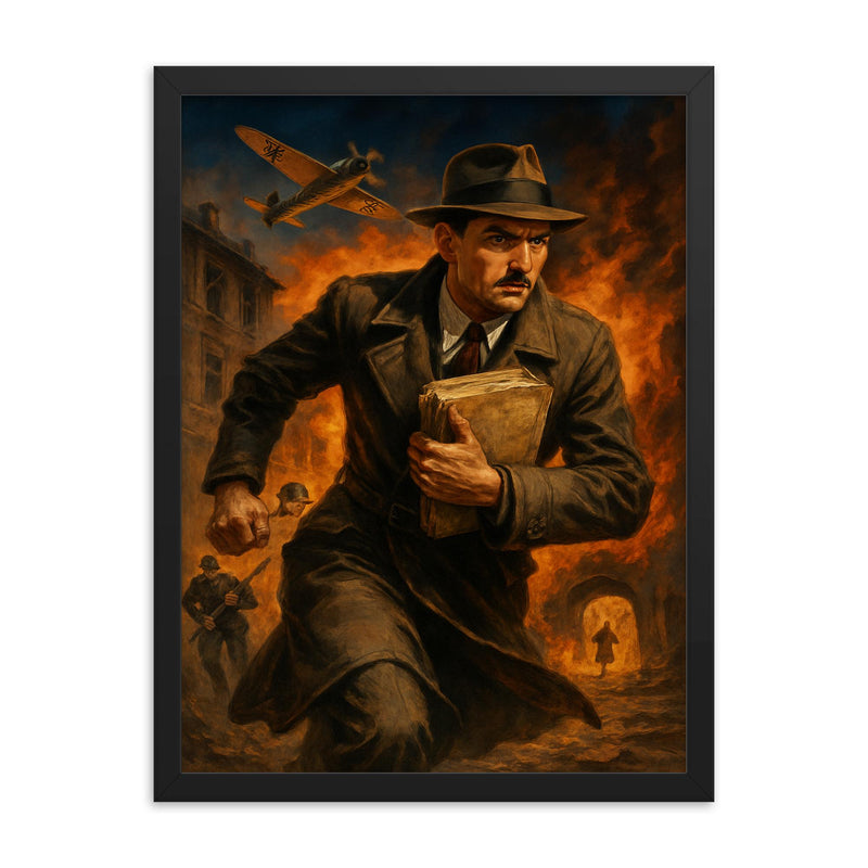 Jan Karski carrying secret reports through occupied Europe framed print on a plain backdrop in size 18